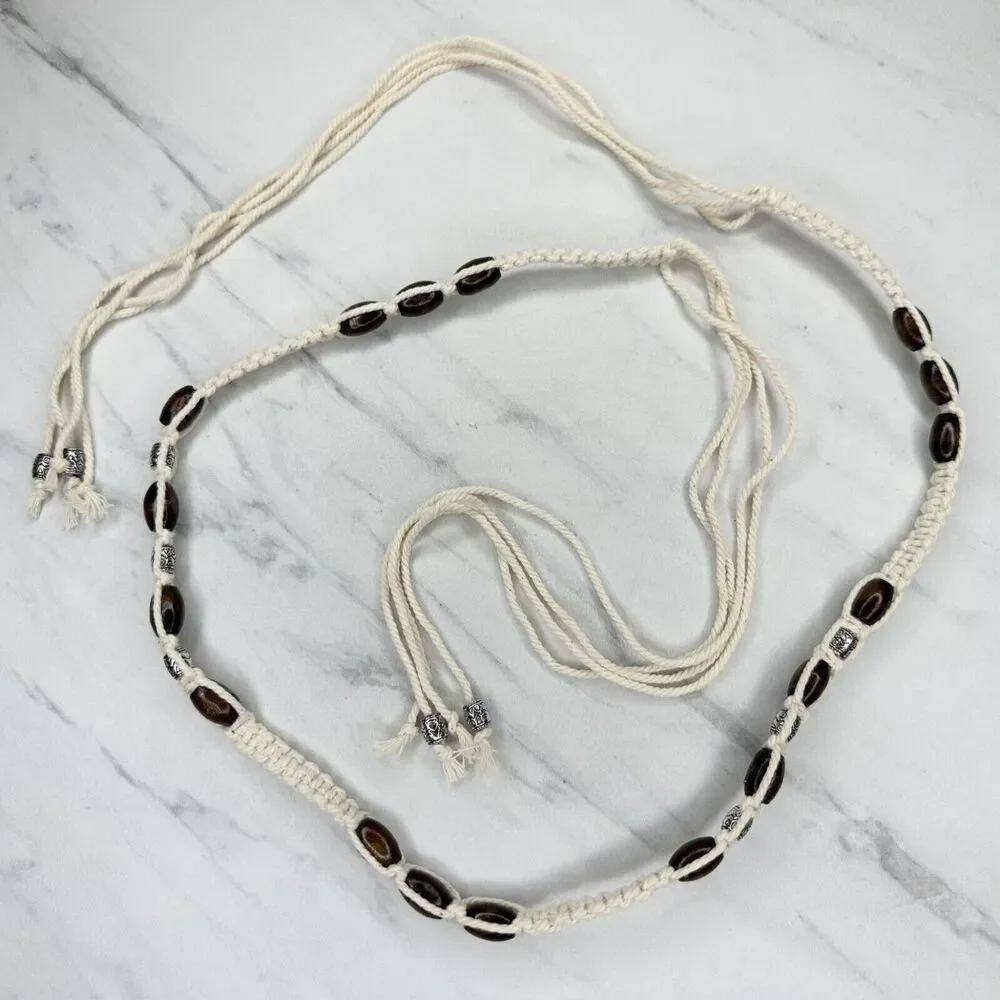 Boho Wood and Silver Tone Beaded Tie Belt Size XS Small S